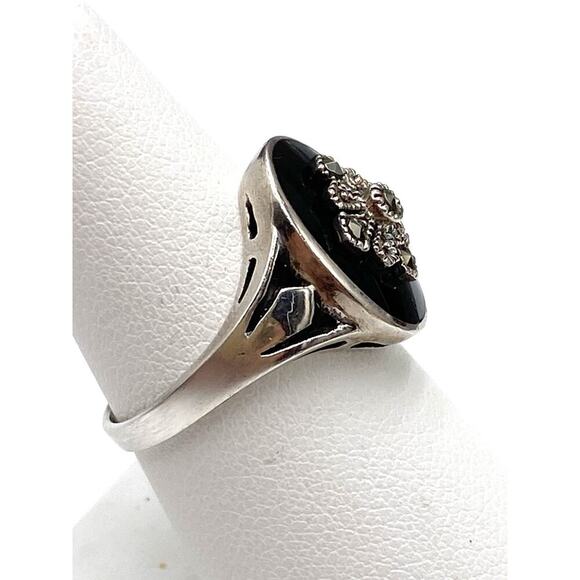 925 Marsala Ring Sterling Silver Vintage Estate Black Oval Glass Marcasites 7.5 - Picture 12 of 13